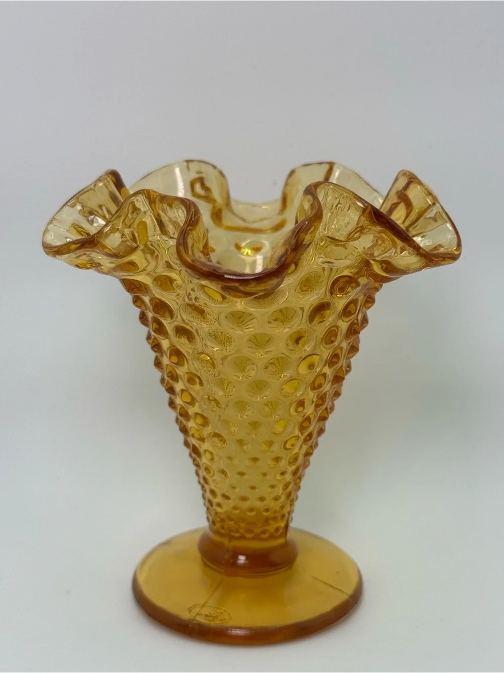 Vintage Fenton Amber Hobnail Mini Ruffled Vase Crimped Rim USA